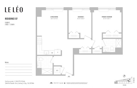 Floor plan for 2 beds, 2 baths, 962 sqft